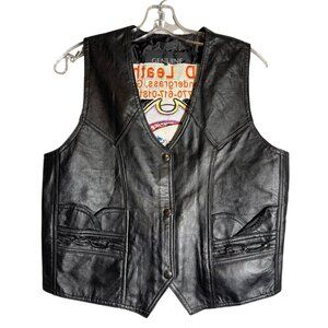 Mens Black Genuine Leather Vest With Skull Embroidery & Button Front - Size m